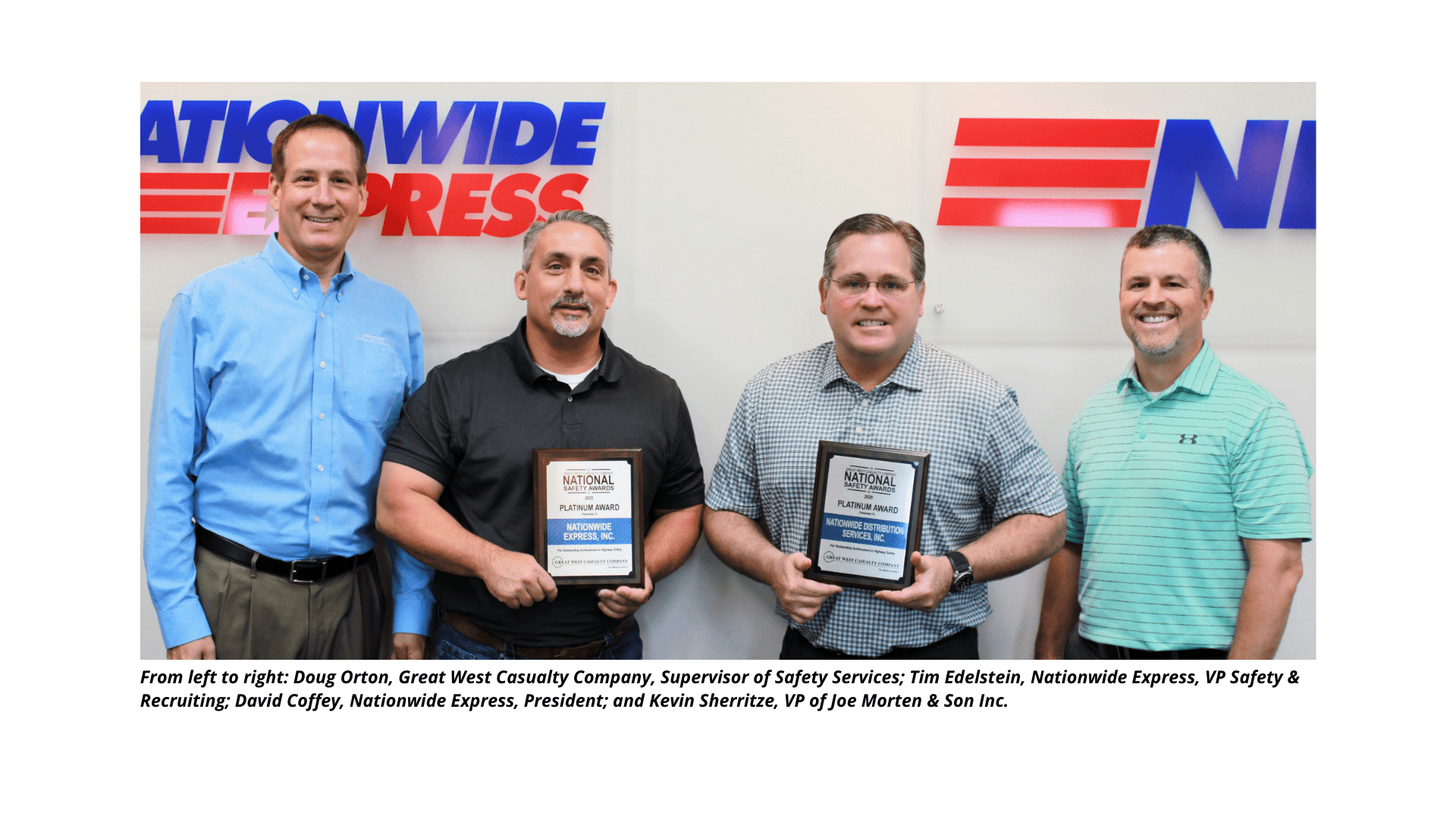 GWCC Platinum Safety Award for Leadership team at Nationwide Express, a 3PL Logistics, Warehousing, Waste Management, Dry Van Trucking Company, Hazmat Trucking Company, Dumpster Rental, Roll off Truck, End Dump Truck Service, and Scrap Metal Haul Off